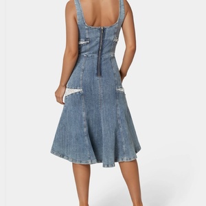 Robe midi vintage en jean sans manches à volants, col carré en dentelle, dos nu et fermeture éclair au dos, grande taille personnalisée pour l'été - Product Image 4