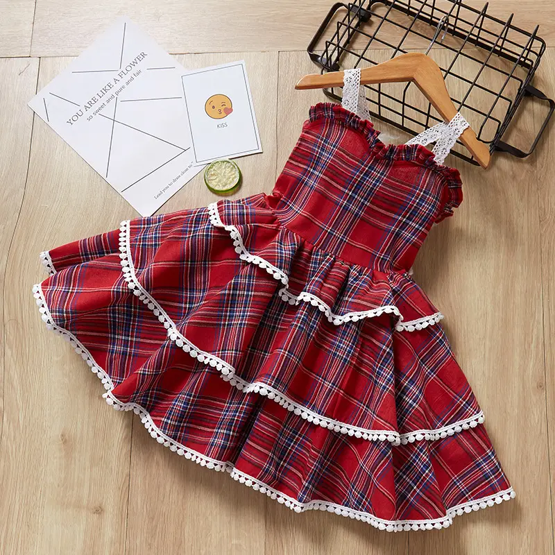 Kinder Kleidung Spanisch Mädchen Party Kleid Sommer Neue Spitze Vintage Red Plaid Print Rock Kinder Kleinkind Kleidung Mädchen Kleider