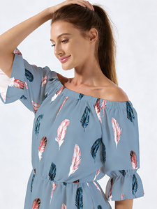 Robe Courte Femme Imprimé Plumes Épaules Dénudées Coupe Évasée Manches Élastiques Taille Naturelle Décontractée Été Plage Quotidienne Lavable - Product Image 2