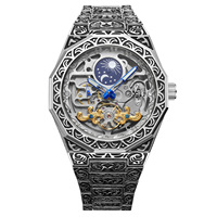 Montres mécaniques squelette à tourbillon Forsining FSG8299, phase lunaire, montre automatique dorée pour homme, bracelet en acier inoxydable gravé