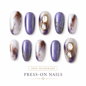 <span class=keywords><strong>Faux</strong></span> ongles élégants faits à la main, <span class=keywords><strong>gris</strong></span> lavande marbré avec perle décorative et ligne dorée, à presser, OEM, marque privée - Product Image 3