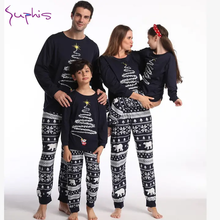 SUPHIS 2022 Art Christmas Tree Family Pyjamas Pjs Purple Stripes Clothes Set Christmas Pajamas Matching Family Outfits