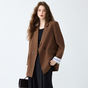 Women's Brown Blazer Loose Fit Solid Color Polyester Worsted Casual Professional Spring Autumn Style - Product Image 1