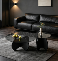 Ensemble de tables basses rondes en verre avec base en bois massif courbé, table d'appoint moderne en 2 pièces pour salon, meubles de maison
