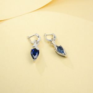 925 Sterling <b>Silver</b> <b>Drop</b> <b>Earrings</b> Pear Cut Lab Created Blue Sapphire with CZ Accents High Quality Gift - Product Image 4