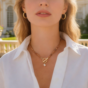 Minimalist Women's Natural Stone Pearl Necklace with Gold Toggle Choker Letter Shape Pearl Drop Vintage-Inspired Design - Product Image 3