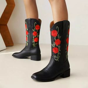 Support OEM/DOM <span class=keywords><strong>Low</strong></span> quantité minimale de commande bottes de Cowboy pour femmes, bottes occidentales en cuir <span class=keywords><strong>noir</strong></span> avec broderie de fleurs pour filles - Product Image 1