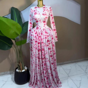 Abito lungo da donna stampato a maniche lunghe - Corpetto in rete trasparente e gonna fluida, abito da sera formale, abiti africani da donna Sehe Fashion - Product Image 1