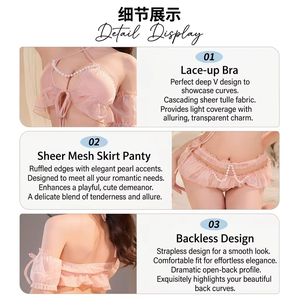 Completo Intimo da <span class=keywords><strong>Donna</strong></span> Stile Cameriera Sweet Pearl con Halter, Volant, Rete e Lacci - Set Tre Pezzi Femminile per il Sonno Estivo - Product Image 3