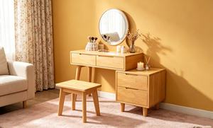 Coiffeuse scandinave en bois de hêtre massif avec miroir éclairé et tiroirs de rangement pour chambre à coucher - Product Image 3