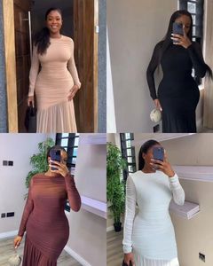 Abito africano plissettato Plus Size a vita alta da donna nuovo a <span class=keywords><strong>maniche</strong></span> <span class=keywords><strong>lunghe</strong></span> in pizzo tinta unita satinato con motivo floreale ricamato - Product Image 2