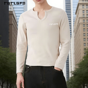 Camisa de Manga Larga con Cuello en V para Hombre, Estilo Minimalista, Tejido de Punto, Color Beige, Textura Acanalada Vertical, Mezcla de Algodón, Corte Regular, Antiarrugas - Product Image 2