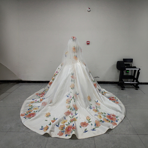Spjy001 Luxury Ivory Floral Print Wedding Satin Princess Ball Gown Sweetheart Draped Bodice Floor-Length Watteau Train Color - Product Image 5