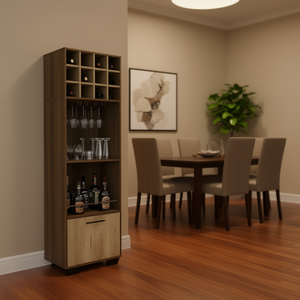Mueble Bar con Capacidad para 12 Botellas, 2 Estantes y 1 Cajón, Madera Maciza de Caoba, Moderno, Independiente, Mueble de Almacenamiento - Product Image 3