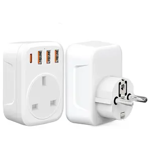 Adaptor daya tipe UK multifungsi, dengan 1 Outlet tipe-c & 3 outlet USB mengubah Schuko / France Plug ke colokan perjalanan Inggris