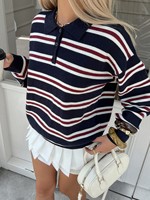 Pull en maille rayé à col polo pour femme, manches longues, patte de boutonnage, décontracté, personnalisable OEM ODM, vente en gros, fabricant d'usine