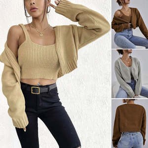 Conjunto Feminino de 2 Peças em Tricô: Top Cropped e Cardigã Aberto com Detalhes Canelados – Roupa Grossa de Outono para Lazer 2026 - Product Image 2