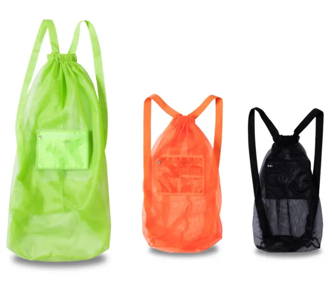 Heavy duty mesh ball bag drawstring sport equipment storage bag for basketball soccer sports beach and swimming gears