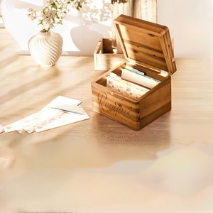 Acacia <strong>Recipe</strong> <strong>Box</strong> with 100 Cards 4x6 Dual Slot 2 Compartment Wooden Organizer No Assembly - Product Image 2
