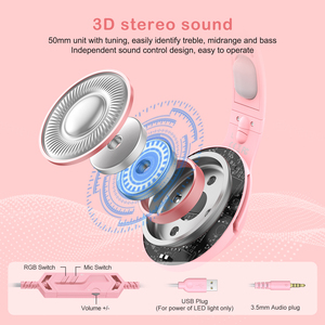 <span class=keywords><strong>Onikuma</strong></span> หูฟังสำหรับเล่นเกม <span class=keywords><strong>K9</strong></span> <span class=keywords><strong>RGB</strong></span> 3.5MM สีชมพูกันน้ำได้, หูฟังแบบมีสายหูฟังครอบหูพร้อมไมโครโฟนสำหรับเด็กผู้หญิง - Product Image 6