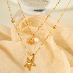 Collar de Doble Capa con Diseño de Estrella de Mar y Concha, Acero Inoxidable, Chapado en Oro de 18K, Cadena para Clavícula, Estilo Vacaciones de Verano, Joyería para Fiesta - Product Image 2