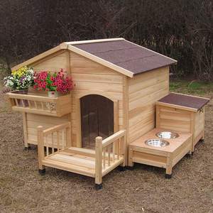 Hundehütte Holz im Freien mit Veranda Food Bowl Birds String Solid Home Blockhaus Stil Zwinger Wetter beständig Wasserdicht - Product Image 5