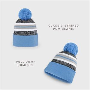 Stripe Beanie Hat With Pom Pom Winter Knit Cap For Men And Women Outdoor Ski Cap Keep Warm Blue Gray <b>White</b> <b>Acrylic</b> - Product Image 2