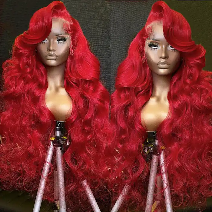 Atacado Virgem Cabelo Brasileiro 150% Densidade 13x4 Onda Do Corpo Vermelho Colorido Perucas Do Cabelo Humano Peruca Dianteira Do Laço Transparente