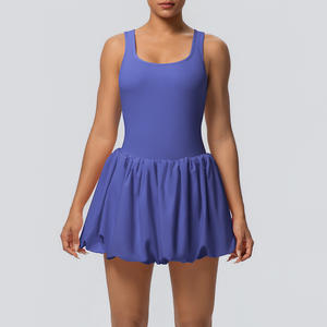 Robe de sport d'été unie grande taille, une pièce, en tissu extensible Spandex Nylon, avec short intégré et poches latérales, tenue de sport décontractée - Product Image 4