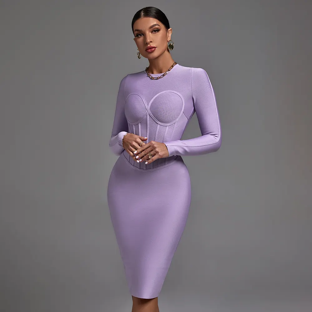 New Arrival Trendy Midi Purple Dress For Women Casual O Neck Bodycon Long Sleeve Elegant Ladies Dress