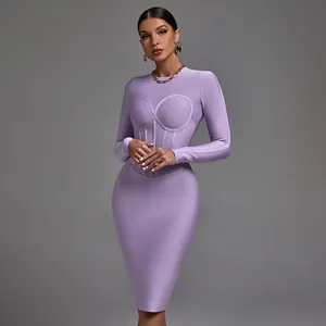 Dress Bodycon Midi Wanita, Gaun Bodycon Kasual Leher O Lengan Panjang Ungu untuk Perempuan