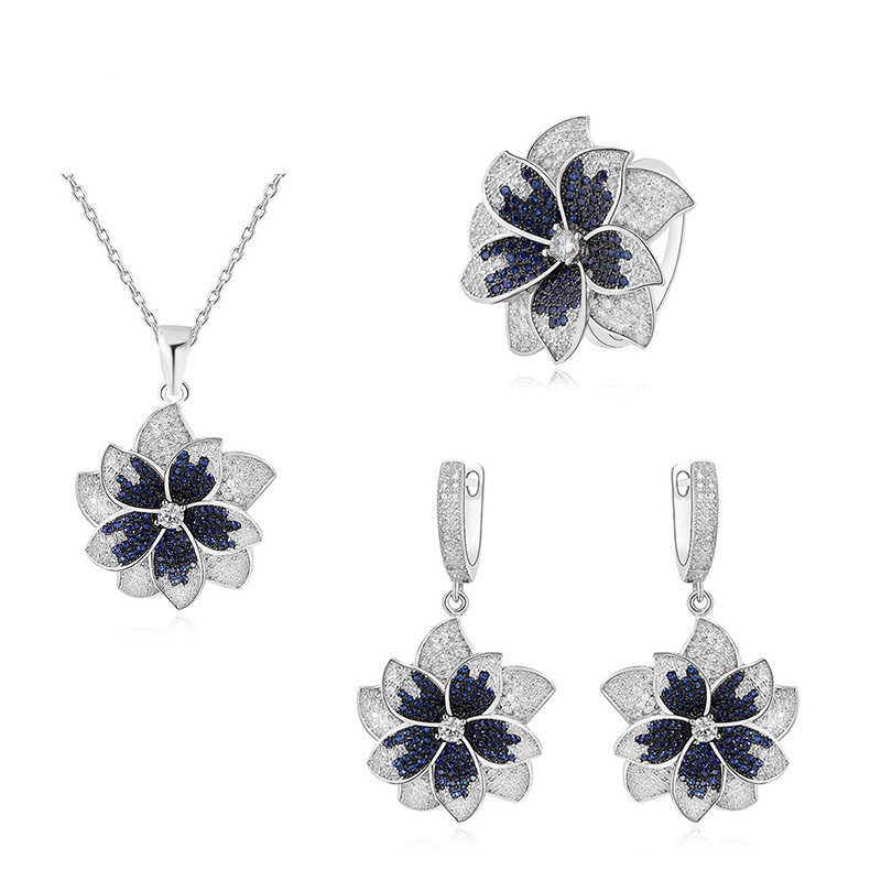Mode micro pavé 925 fleur en argent sterling zircon mariée mariage ensemble pour les femmes