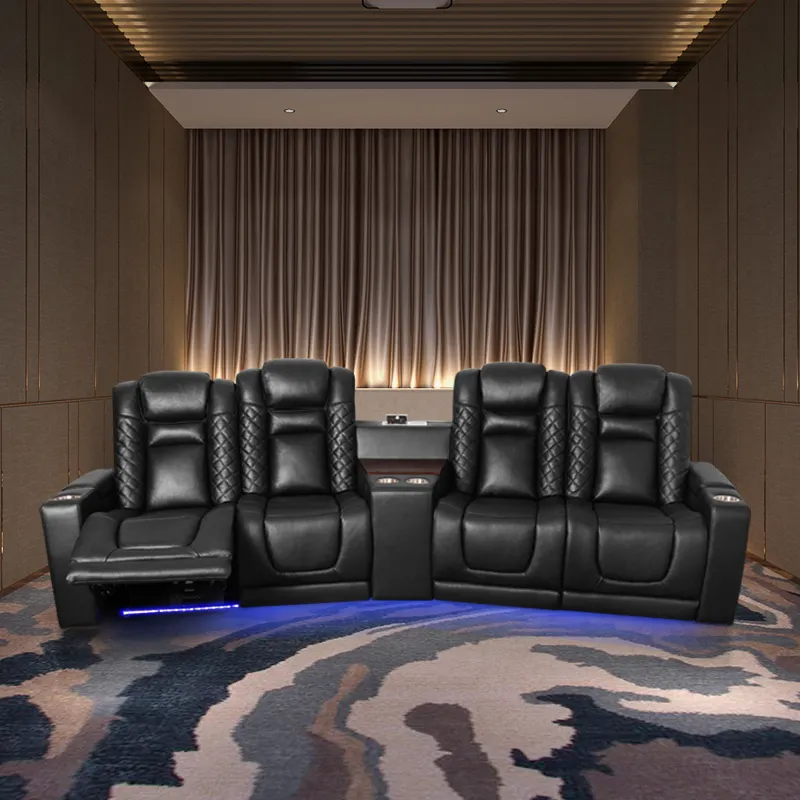 Home theater sofá de couro marrom recline, suporte luminoso para sala de estar com luz led/copo e carregamento sem fio