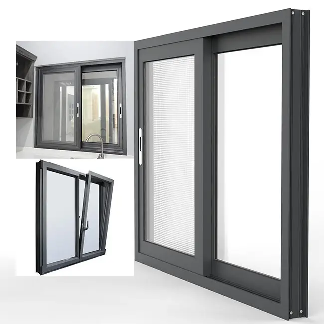 Jendela geser aluminium hitam terisolasi pintar: kaca aluminium lapisan ganda, penjualan langsung pabrik