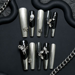 Uñas postizas de lujo de acrílico con forma de ataúd largo, hechas a mano, con cobertura completa y pedrería de estrellas, precio de fábrica al por mayor - Product Image 2