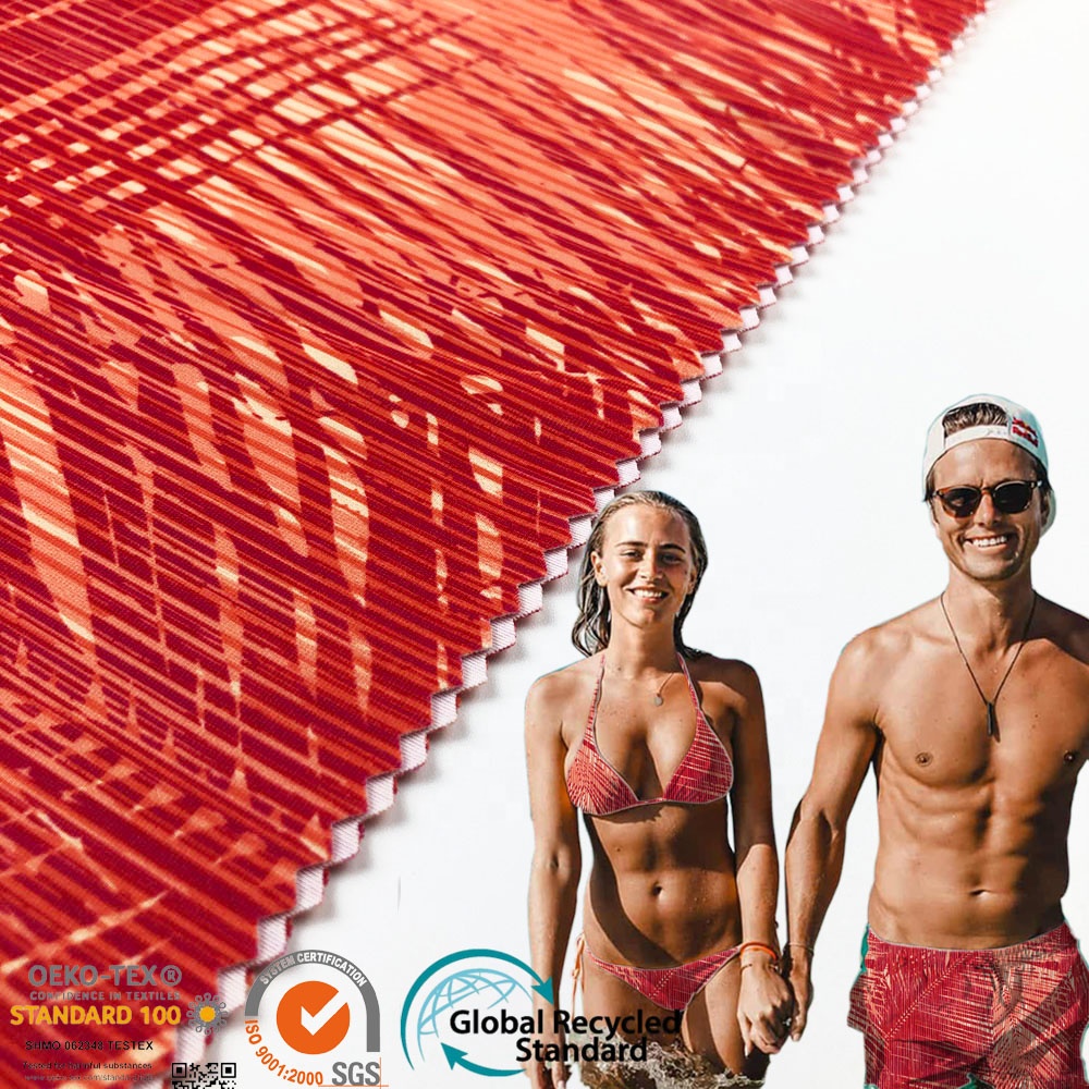 Изготовленный на заказ, тянущаяся в 4 направлениях, печатные ткани из переработанных материалов через, купальный костюм с защитой от ультрафиолета 50 из нейлона и спандекса, океан, пластиковые бутылки для купальника