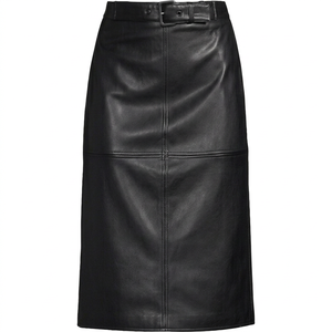 Jupe crayon en cuir taille naturelle pour femme avec ceinture, mini, noire unie, style vintage, plissée, respirante, toutes saisons - Product Image 1