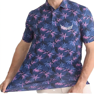 เสื้อโปโลแขนสั้นสีน้ำเงินกรมท่าพิมพ์ลายดอกไม้สีชมพูและสีดำสำหรับผู้ชาย ผ้าโพลีเอสเตอร์ถักแห้งเร็ว สวมใส่สบายๆ - Product Image 1