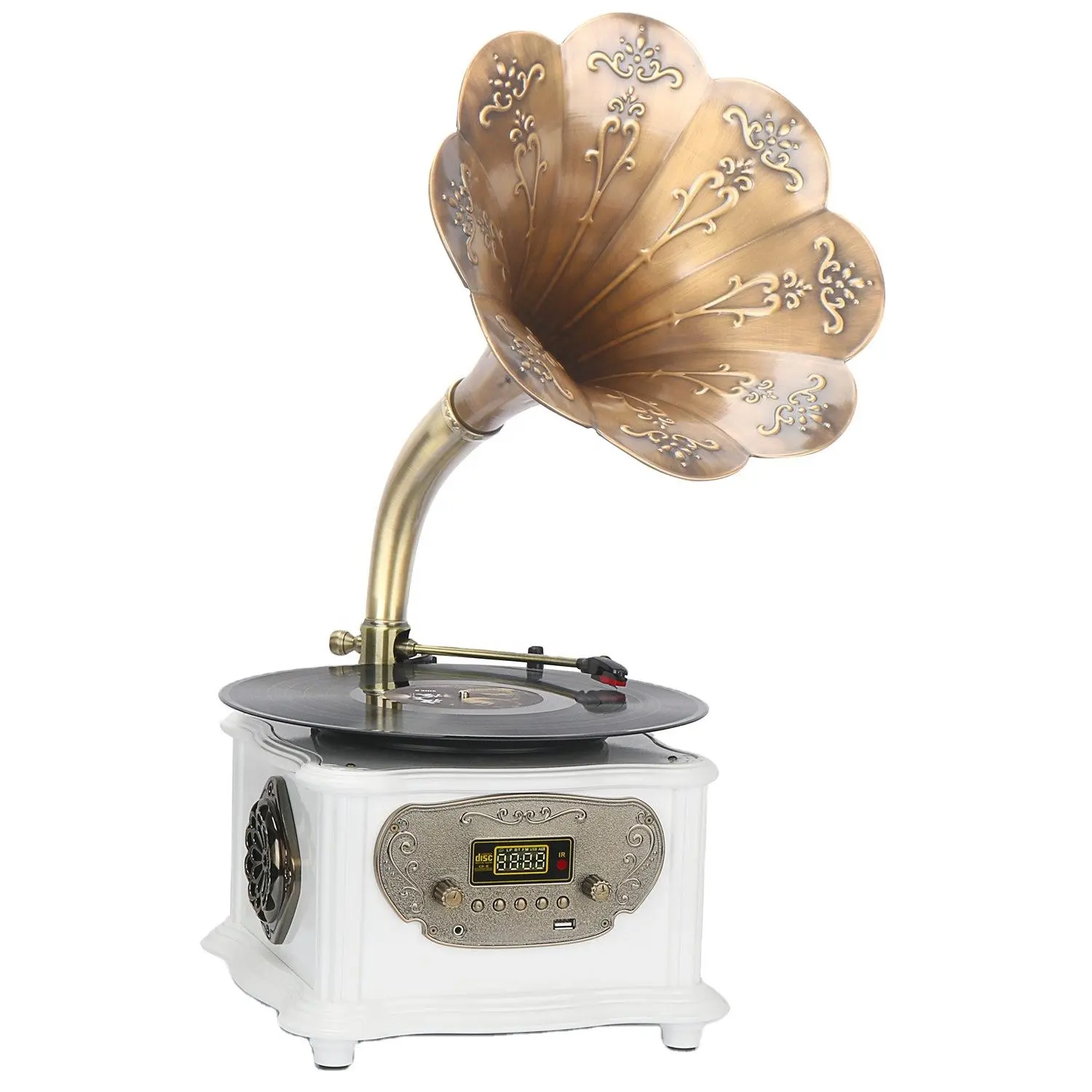 Sistem speaker Stereo pemutar rekaman vinil meja putar fonograf antik Retro dekorasi rumah klasik Vintage putih