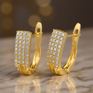 Pendientes de Aro de Oro Sólido de 18K de Lujo con Diamantes Redondos de Corte Brillante en Pavé para Mujer, Uso Diario, Estilo Geométrico - Product Image 2