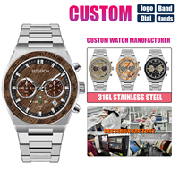 Montre de sport pour homme en acier inoxydable écologique, chronographe à quartz, cadran en bois, logo OEM ODM, résistante à l'eau 5 BAR, bracelet en caoutchouc