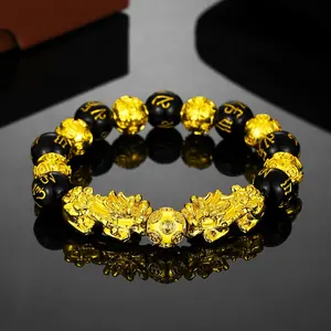 Frauen Männer Echt vergoldet Schwarz Buddha Perlen Armband Glücks geld Feng Shui Pixiu Mani Mantra Schwarz Obsidian Reichtum Armband