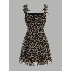 Robe mini sans manches à imprimé léopard, col carré, coupe trapèze, en mousseline de soie transparente, taille naturelle, robe de soirée translucide pour filles - Product Image 4