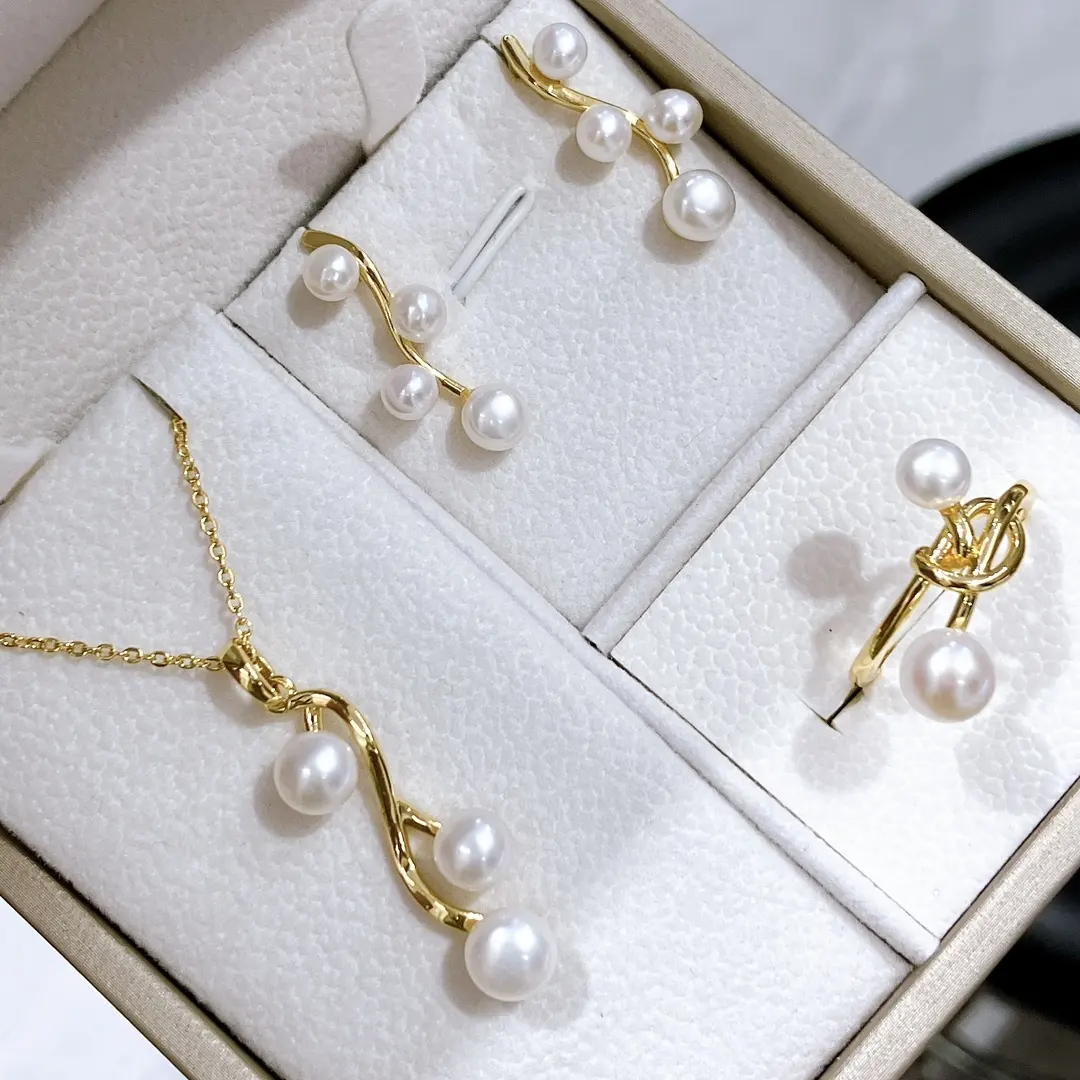 New Design Fresh Water Pearl Bridal Jewelry Set Gold Plated Real Freshwater Pearl Pendant Necklace Earring Ring