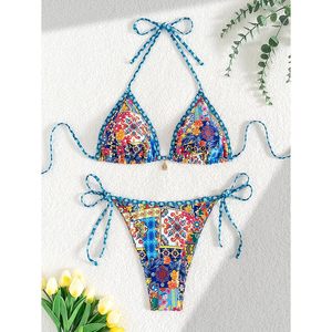 FOXA Women's 2 Piece Boho <b>Bikini</b> Set Triangle Thong Halter <b>String</b> Swimwear High Cut Cheeky Bathing Suit - Product Image 5