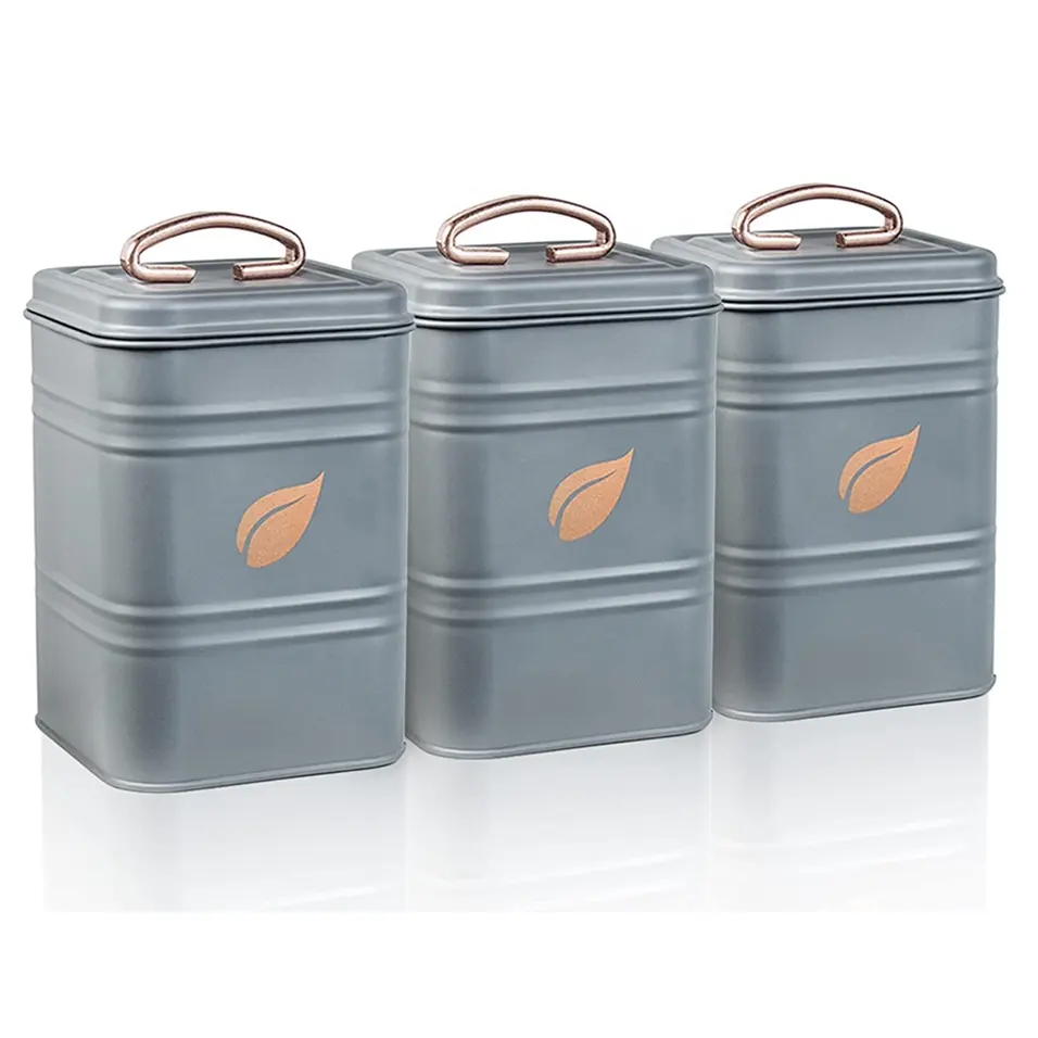 Farmhouse metal Kitchen Counter Square Tin food storage Tight Sealed Lids tea coffee sugar canister set of 3