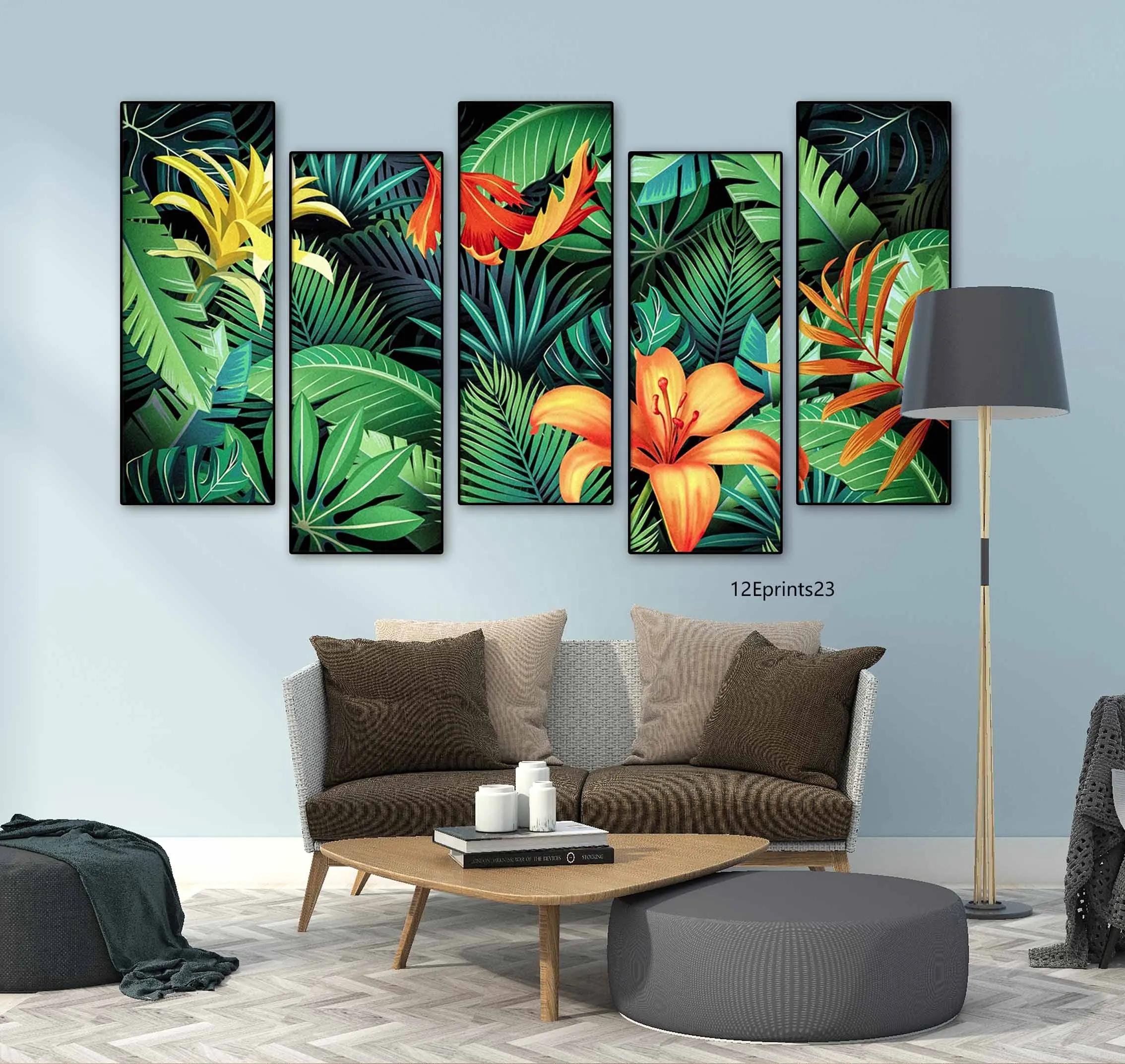 Print Wall Art Customize Modern 5 Panel Couple Wall Art Canvas Tropical Leaves Paintings Printing Decoration On Artworks For Hotel Project