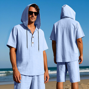 Conjunto de Camisa sin Mangas con Capucha y Pantalones Cortos de Lino para Hombre, Corte Holgado, Ligero, Informal, Ropa de Playa, Conjunto Coordinado de Dos Piezas para Verano - Product Image 6