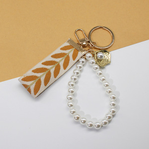 <span class=keywords><strong>Porte</strong></span>-clés en tissu à motif feuille avec pendentif coquille métallique, chaîne de sac à main en perles, accessoires de breloque de sac <span class=keywords><strong>DIY</strong></span> - Product Image 3