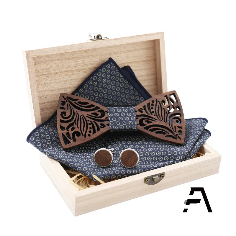 Natural wood cufflinks bow tie set with Handkerchief